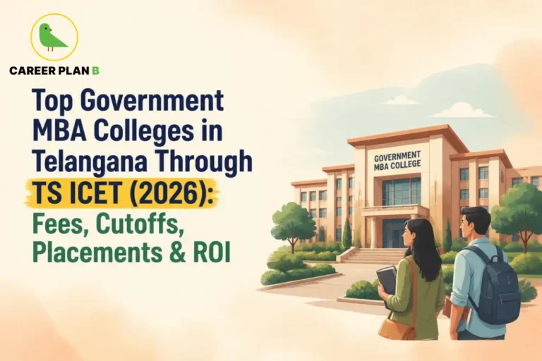 A detailed educational infographic by Career Plan B, titled "Top Government MBA Colleges in Telangana Through TS ICET (2026): Fees, Cutoffs, Placements & ROI." In the top-left corner, the official Career Plan B logo is displayed, featuring a minimalist green bird icon enclosed within a solid gold circular frame, with the brand name written below in black and green typography. The right side of the graphic illustrates a female student holding a notebook and a male student wearing a dark blue backpack, both viewed from behind as they walk toward a grand, multi-story campus building labeled "GOVERNMENT MBA COLLEGE." The campus features neat pathways, green lawns, and trees, beautifully capturing an academic atmosphere.