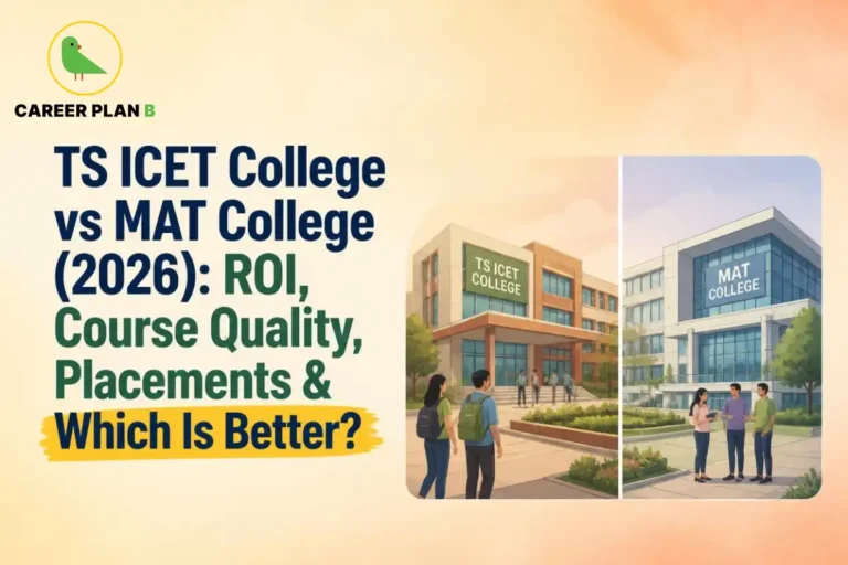 A detailed comparative educational infographic by Career Plan B, titled "TS ICET College vs MAT College (2026): ROI, Course Quality, Placements & Which Is Better?" The official Career Plan B logo sits in the top-left corner, featuring a minimalist green bird icon enclosed inside a solid gold circle, with the brand name below it in clean black and green font. The right side displays a side-by-side comparison of two modern campus settings: the left panel shows students with backpacks walking toward a building labeled "TS ICET COLLEGE," while the right panel shows a group of three students standing and talking outside a contemporary glass-fronted building labeled "MAT COLLEGE."