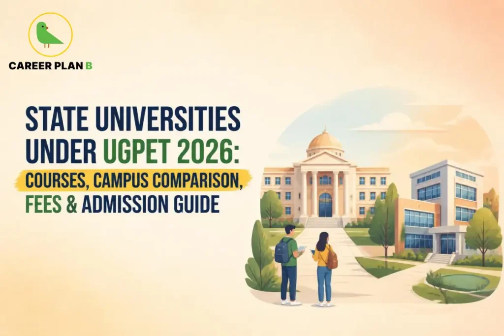 A comprehensive educational comparison infographic by Career Plan B, titled "STATE UNIVERSITIES UNDER UGPET 2026: COURSES, CAMPUS COMPARISON, FEES & ADMISSION GUIDE." In the top-left corner, the official Career Plan B logo features a minimalist green bird icon enclosed inside a solid gold circular emblem, with the brand name printed below in bold black and green typography. The right side illustrates a beautiful split-campus overview where a male student carrying a blue backpack and a female student with a brown backpack stand along a central pathway. The pathway visually divides two distinct university structures: a grand, traditional domed heritage building on the left and a sleek, multi-story modern institutional glass building on the right, surrounded by manicured lawns and trees.