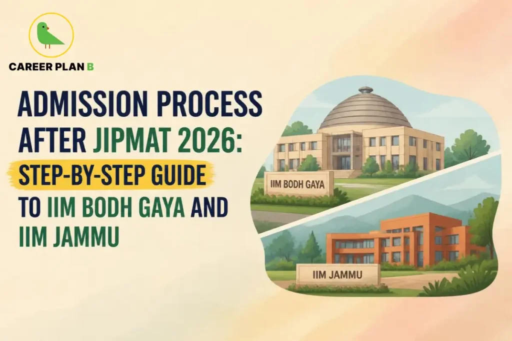 A comprehensive admission guide infographic by Career Plan B, titled "ADMISSION PROCESS AFTER JIPMAT 2026: STEP-BY-STEP GUIDE TO IIM BODH GAYA AND IIM JAMMU." In the top-left corner, the official Career Plan B logo features a minimalist green bird icon enclosed inside a solid gold circular emblem, with the brand name printed below in bold black and green typography. The right side contains a split-frame graphic showcasing the two separate premier institutions: the top panel highlights the distinctive large domed campus architecture labeled "IIM BODH GAYA," while the bottom panel depicts the contemporary brick-red institutional structures labeled "IIM JAMMU," both set against scenic landscaping and soft background hills.