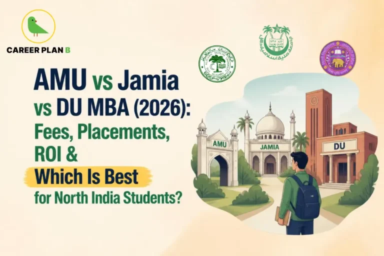 A comprehensive comparative educational infographic by Career Plan B, titled "AMU vs Jamia vs DU MBA (2026): Fees, Placements, ROI & Which Is Best for North India Students?" In the top-left corner, the official Career Plan B logo features a minimalist green bird icon enclosed inside a solid gold circular emblem, with the brand name printed below in bold black and green typography. The right side shows a student with a blue backpack holding a book, facing three distinct university entrance structures aligned side-by-side. From left to right, the gates represent "AMU" (Aligarh Muslim University), "JAMIA" (Jamia Millia Islamia), and "DU" (University of Delhi), each topped by its respective official university seal or emblem in the sky vignette above the buildings.
