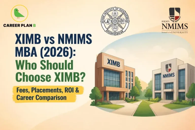 A comprehensive comparative MBA infographic by Career Plan B, titled "XIMB vs NMIMS MBA (2026): Who Should Choose XIMB? Fees, Placements, ROI & Career Comparison." In the top-left corner, the official Career Plan B logo features a minimalist green bird icon enclosed inside a solid gold circular emblem, with the brand name printed below in bold black and green typography. The right side illustrates two major management institute buildings positioned side-by-side along a divided walkway. The left structure is a modern building with warm brown accents labeled "XIMB", while the right structure is a contemporary glass-fronted corporate-style building labeled "NMIMS". Floating in the sky vignette above the buildings are their respective official institute emblems: the circular seal of Xavier Institute of Management Bhubaneswar (XIMB) on the left, and the crest logo of SVKM's NMIMS Deemed to be University on the right.
