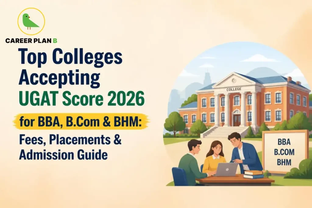 A detailed educational infographic by Career Plan B, titled "Top Colleges Accepting UGAT Score 2026 for BBA, B.Com & BHM: Fees, Placements & Admission Guide." In the top-left corner, the official Career Plan B logo is prominently featured, displaying a minimalist green bird icon enclosed inside a solid gold circular emblem, with the brand name printed below in bold black and green typography. The right side of the graphic showcases an academic campus setting framed in a soft circular vignette. In front of a grand, traditional brick-red university building, three students (two male and one female) are gathered around an outdoor wooden desk collaborating over a laptop. To their right, a standing wooden signboard lists the courses "BBA," "B.COM," and "BHM" amidst lush green shrubbery.