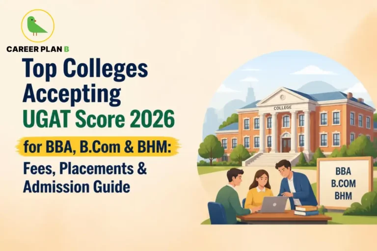 A detailed educational infographic by Career Plan B, titled "Top Colleges Accepting UGAT Score 2026 for BBA, B.Com & BHM: Fees, Placements & Admission Guide." In the top-left corner, the official Career Plan B logo is prominently featured, displaying a minimalist green bird icon enclosed inside a solid gold circular emblem, with the brand name printed below in bold black and green typography. The right side of the graphic showcases an academic campus setting framed in a soft circular vignette. In front of a grand, traditional brick-red university building, three students (two male and one female) are gathered around an outdoor wooden desk collaborating over a laptop. To their right, a standing wooden signboard lists the courses "BBA," "B.COM," and "BHM" amidst lush green shrubbery.