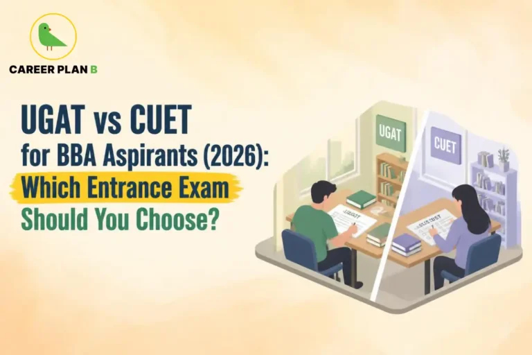 A comprehensive educational comparison infographic by Career Plan B, titled "UGAT vs CUET for BBA Aspirants (2026): Which Entrance Exam Should You Choose?" In the top-left corner, the official Career Plan B logo features a minimalist green bird icon enclosed inside a solid gold circular emblem, with the brand name printed below in bold black and green typography. The right side illustrates a split isometric classroom scene representing two different study paths divided by a white diagonal line. The left half shows a male student sitting at a wooden desk writing a "UGAT" exam paper, with a bookshelf behind him and a green "UGAT" sign on the wall. The right half shows a female student sitting at the adjacent desk working on a "CUET" exam paper, backed by a purple bookshelf and a corresponding purple "CUET" sign on the wall.