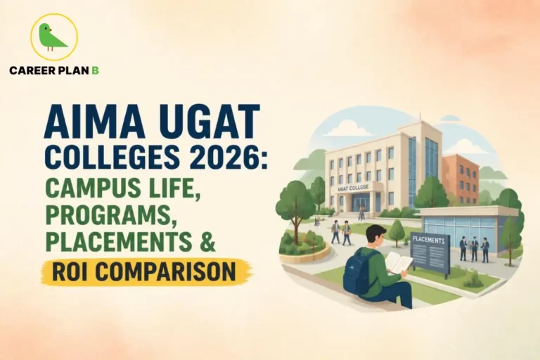 A detailed educational guide infographic by Career Plan B, titled "AIMA UGAT COLLEGES 2026: CAMPUS LIFE, PROGRAMS, PLACEMENTS & ROI COMPARISON." In the top-left corner, the official Career Plan B logo features a minimalist green bird icon enclosed inside a solid gold circular emblem, with the brand name printed below in bold black and green typography. The right side displays a lively campus scene framed within a soft circular vignette. In the foreground, a male student wearing a blue backpack sits on a ledge reading an open book, positioned next to a large blue signboard labeled "PLACEMENTS" where corporate figures are depicted discussing. In the background, a modern multi-story institutional building labeled "UGAT COLLEGE" stands with other students walking across the manicured campus pathways.