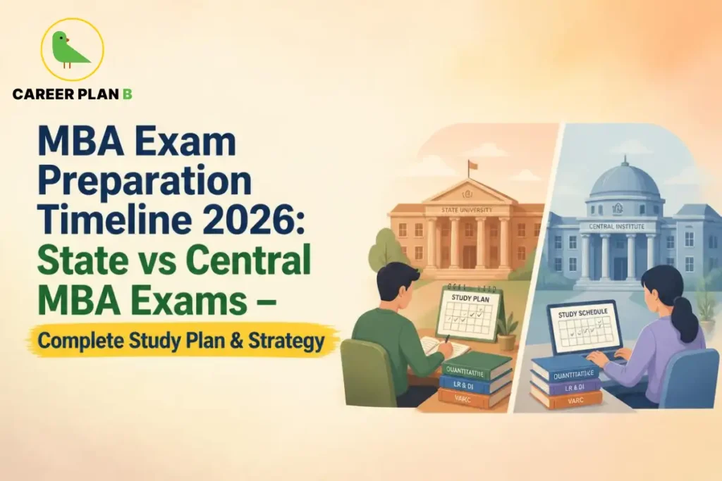 A detailed educational infographic by Career Plan B, titled "MBA Exam Preparation Timeline 2026: State vs Central MBA Exams – Complete Study Plan & Strategy." In the top-left corner, the official Career Plan B logo features a minimalist green bird icon enclosed inside a solid gold circular emblem, with the brand name printed below in bold black and green typography. The right side illustrates a split-frame comparison of two distinct preparation environments divided diagonally. The left panel shows a male student sitting at a desk writing in a notebook next to a stack of books labeled "Quantitative," "LR & DI," and "VARC," while looking at a calendar marked "STUDY PLAN" with a traditional "STATE UNIVERSITY" building in the background. The right panel shows a female student typing on a laptop displaying a "STUDY SCHEDULE" next to a similar stack of exam preparation books, set against a grand domed "CENTRAL INSTITUTE" campus building.