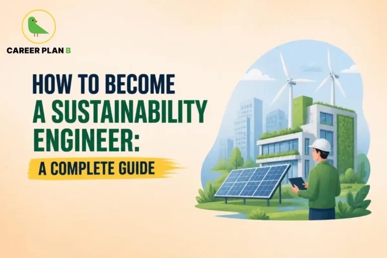 How to become a sustainability engineer with renewable energy, solar panels, wind turbines, and a green building illustration.