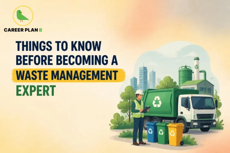 Waste management expert inspecting recycling bins and a recycling truck at a sustainable waste processing facility.