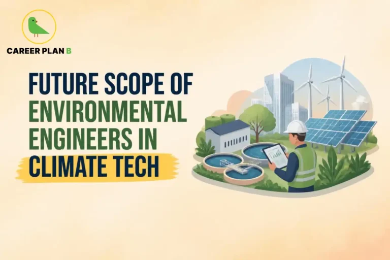 Future scope of environmental engineers in climate tech featuring renewable energy, solar panels, wind turbines, and sustainable infrastructure.