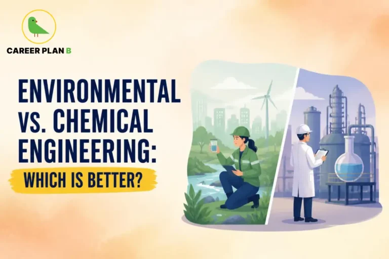 Environmental vs chemical engineering comparison showing environmental monitoring, chemical processing, sustainability, and industrial engineering careers.