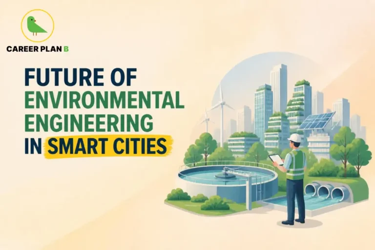 Future of environmental engineering in smart cities featuring renewable energy, water treatment, sustainable infrastructure, and green urban development.