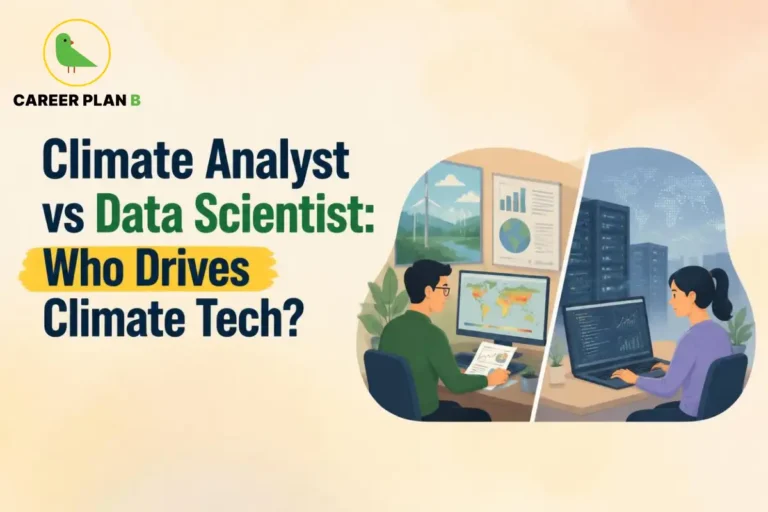 Climate analyst vs data scientist comparison showing climate data analysis, AI, environmental analytics, and climate technology careers.