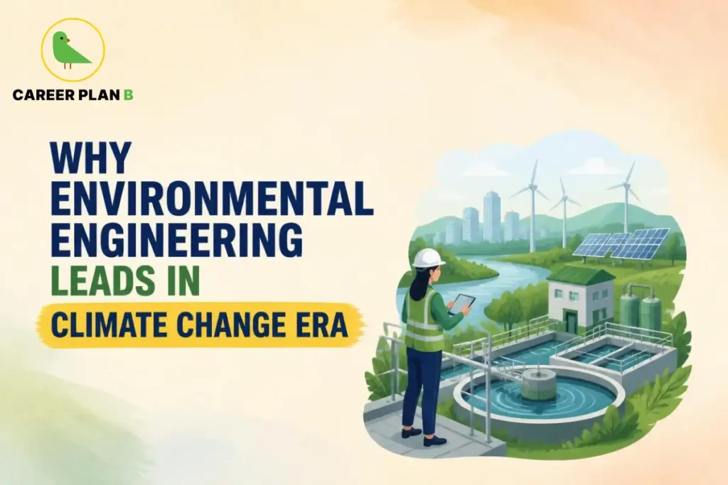 Environmental engineer monitoring a water treatment facility with solar panels and wind turbines to support climate change solutions and sustainable development.