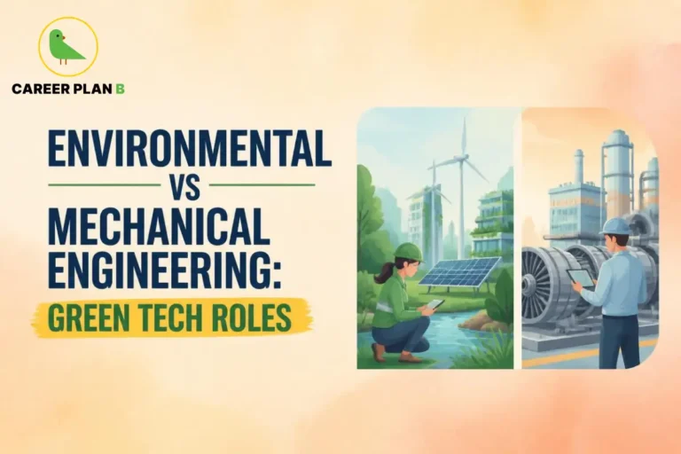 Comparison of environmental and mechanical engineering green tech roles, featuring renewable energy systems, sustainable infrastructure, and industrial engineering applications.