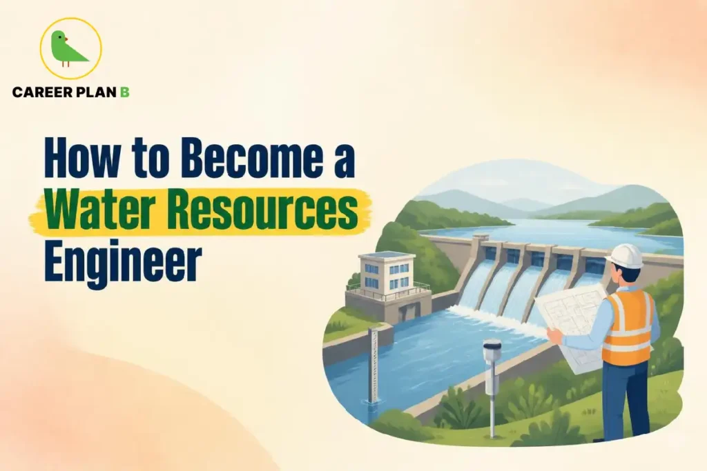 Water resources engineer inspecting a dam and reservoir while reviewing engineering plans for water management, hydraulic infrastructure, and sustainable resource development.