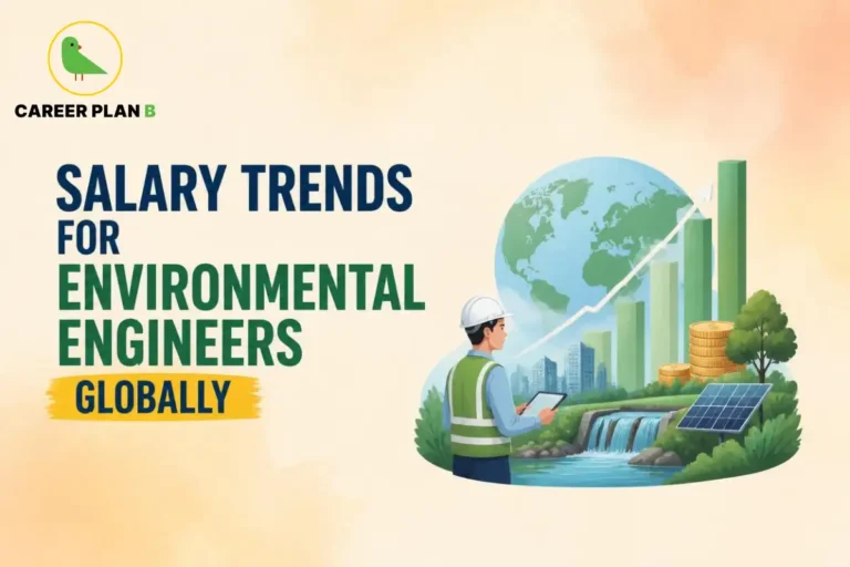 Environmental engineer analyzing global salary trends with growth charts, renewable energy infrastructure, and sustainable engineering projects in the background.