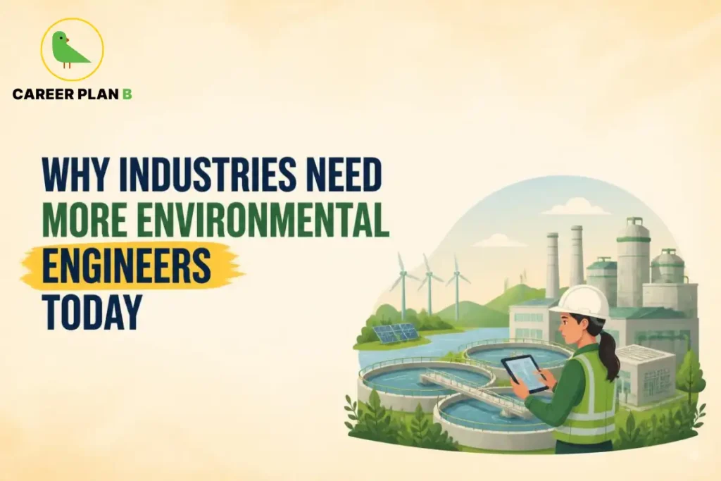 Environmental engineer inspecting a sustainable industrial facility with water treatment systems, renewable energy, and environmental monitoring technology.