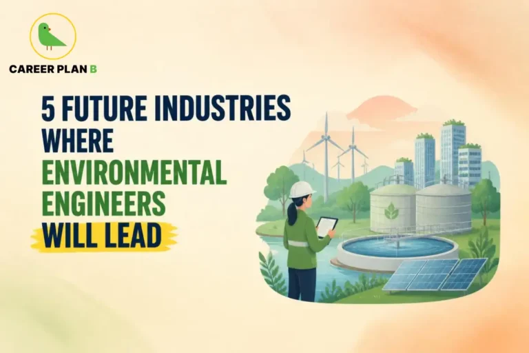 Environmental engineer evaluating a sustainable facility with renewable energy, water treatment systems, and green infrastructure representing future industries.