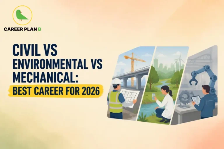 Comparison of civil, environmental, and mechanical engineering careers featuring construction, environmental monitoring, and industrial automation for 2026 career choices.