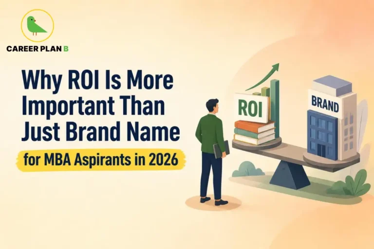 A conceptual educational infographic by Career Plan B, titled "Why ROI Is More Important Than Just Brand Name for MBA Aspirants in 2026." In the top-left corner, the official Career Plan B logo features a minimalist green bird icon enclosed inside a solid gold circular emblem, with the brand name printed below in bold black and green typography. The right side displays an illustrative balance scale. A professional male student in a green blazer stands facing the scale, which heavily tilts downward on the left side to favor a stack of books with growing bar charts and an upward green arrow labeled "ROI." The lighter, elevated right side of the scale supports a corporate building miniature labeled "BRAND," emphasizing the greater weight given to return on investment over reputation alone.