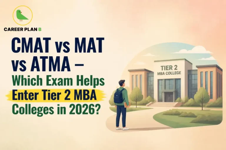 A comprehensive MBA entrance exam comparison infographic by Career Plan B, titled "CMAT vs MAT vs ATMA – Which Exam Helps Enter Tier 2 MBA Colleges in 2026?" In the top-left corner, the official Career Plan B logo features a minimalist green bird icon enclosed inside a solid gold circular emblem, with the brand name printed below in bold black and green typography. On the right side, an illustration portrays a male student with a dark blue backpack walking along a pathway toward a grand, modern institutional structure clearly labeled "TIER 2 MBA COLLEGE" over its main entrance.