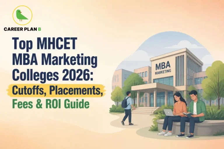 A detailed educational admission infographic by Career Plan B, titled "Top MHCET MBA Marketing Colleges 2026: Cutoffs, Placements, Fees & ROI Guide." In the top-left corner, the official Career Plan B logo features a minimalist green bird icon enclosed inside a solid gold circular emblem, with the brand name printed below in bold black and green typography. The right half displays a lively campus scene set in a soft circular vignette. In the foreground, a female student with a laptop and a male student reading a book sit side-by-side on an outdoor stone bench. In the background, another male student carrying a dark backpack walks across the campus walkway toward a large modern multi-story institutional building explicitly labeled "MBA MARKETING" on its facade.