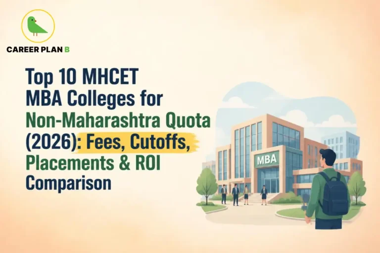 A comprehensive educational infographic by Career Plan B, titled "Top 10 MHCET MBA Colleges for Non-Maharashtra Quota (2026): Fees, Cutoffs, Placements & ROI Comparison." In the top-left corner, the official Career Plan B logo features a minimalist green bird icon enclosed inside a solid gold circular emblem, with the brand name printed below in bold black and green typography. The right side illustrates a male student with a blue backpack standing on a campus pathway, looking towards a grand, modern building with "MBA" clearly labeled on its facade.