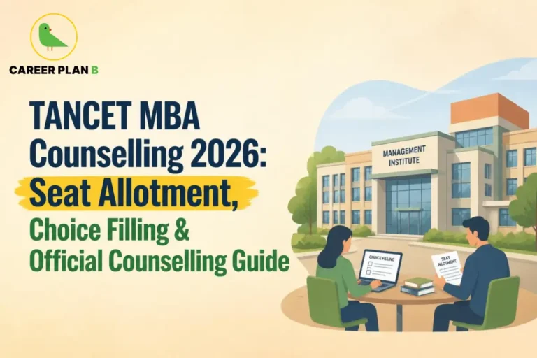 A comprehensive admission guide infographic by Career Plan B, titled "TANCET MBA Counselling 2026: Seat Allotment, Choice Filling & Official Counselling Guide." In the top-left corner, the official Career Plan B logo features a minimalist green bird icon enclosed inside a solid gold circular emblem, with the brand name printed below in bold black and green typography. The right side illustrates a male and a female student sitting at an outdoor desk collaborating in front of a modern multi-story "MANAGEMENT INSTITUTE" campus building. The female student on the left is typing on a laptop that displays a "CHOICE FILLING" screen, while the male student on the right reviews a printed document labeled "SEAT ALLOTMENT."