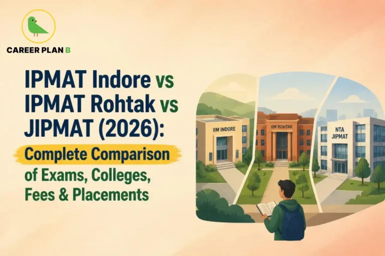 A comprehensive integrated management program comparison infographic by Career Plan B, titled "IPMAT Indore vs IPMAT Rohtak vs JIPMAT (2026): Complete Comparison of Exams, Colleges, Fees & Placements." In the top-left corner, the official Career Plan B logo features a minimalist green bird icon enclosed inside a solid gold circular emblem, with the brand name printed below in bold black and green typography. On the right side, an illustration portrays a student with a green backpack holding an open book, standing at the base of a split path leading to three institutional campus buildings representing "IIM INDORE", "IIM ROHTAK", and "NTA" respectively. A Windows Snipping Tool notification window overlay is visible on the bottom right corner of the screenshot.