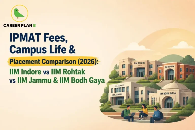A comprehensive educational comparison infographic by Career Plan B, titled "IPMAT Fees, Campus Life & Placement Comparison (2026): IIM Indore vs IIM Rohtak vs IIM Jammu & IIM Bodh Gaya." In the top-left corner, the official Career Plan B logo features a minimalist green bird icon enclosed inside a solid gold circular emblem, with the brand name printed below in bold black and green typography. The right side displays a tiered campus illustration framed within a soft circular vignette. Three students are seated on a low wall in the foreground, talking and studying with a laptop. In the background, four prominent academic buildings are arranged across a hillside landscape, explicitly labeled "IIM INDORE", "IIM ROHTAK", "IIM JAMMU", and "IIM BODH GAYA".