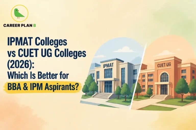 A comprehensive comparison infographic by Career Plan B, titled "IPMAT Colleges vs CUET UG Colleges (2026): Which Is Better for BBA & IPM Aspirants?" In the top-left corner, the official Career Plan B logo features a minimalist green bird icon enclosed inside a solid gold circular emblem, with the brand name printed below in bold black and green typography. The right side illustrates two different institutional options divided by a white diagonal line. The left half shows a modern blue-and-white campus building explicitly labeled "IPMAT" amidst green trees under a clear sky. The right half shows a classic brick-red university structure labeled "CUET UG" with similar landscaped surroundings, representing the two distinct educational pathways for management aspirants.