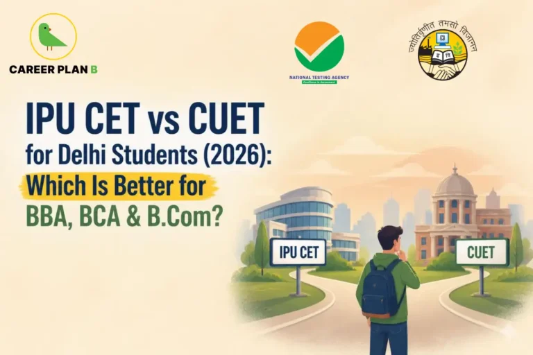 A comprehensive comparison infographic by Career Plan B, titled "IPU CET vs CUET for Delhi Students (2026): Which Is Better for BBA, BCA & B.Com?" In the top-left corner, the official Career Plan B logo features a minimalist green bird icon enclosed inside a solid gold circular emblem, with the brand name printed below in bold black and green typography. The top center features the official National Testing Agency (NTA) logo, and the top right features the official Guru Gobind Singh Indraprastha University (GGSIPU) seal. In the lower-right foreground, a male student wearing a blue backpack stands at the fork of a pathway, looking at two different institutional options. The left path leads toward a modern glass building labeled with a signpost for "IPU CET," while the right path leads toward a grand, traditional domed campus structure labeled with a signpost for "CUET."