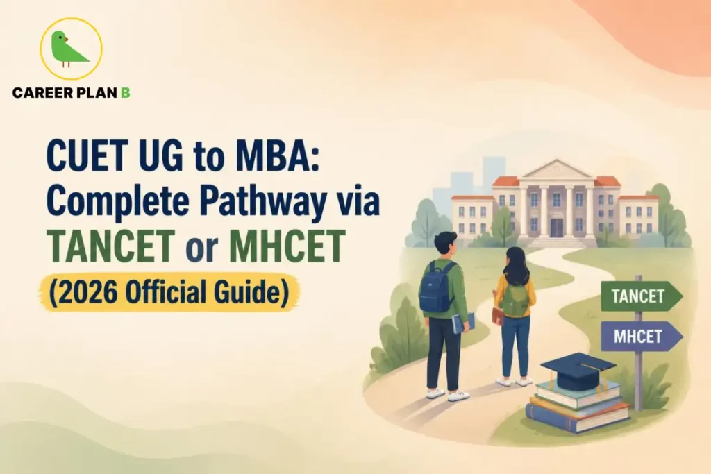 A comprehensive education guide infographic by Career Plan B, titled "CUET UG to MBA: Complete Pathway via TANCET or MHCET (2026 Official Guide)." In the top-left corner, the official Career Plan B logo features a minimalist green bird icon enclosed inside a solid gold circular emblem, with the brand name printed below in bold black and green typography. The right side shows a scenic campus landscape framed within a soft circular vignette. A male student with a blue backpack and a female student carrying a notebook stand together on a dirt path, looking toward a classic multi-story university building in the distance. Next to the path, a small stack of books topped with a graduation cap sits beside a dual-directional signpost with a green arrow pointing to "TANCET" and a purple arrow pointing to "MHCET."