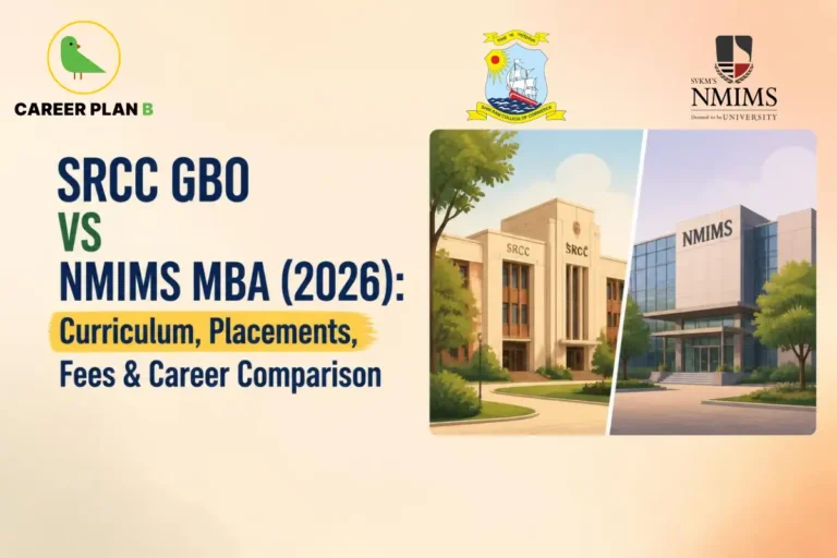 A comprehensive institutional comparison infographic by Career Plan B, titled "SRCC GBO VS NMIMS MBA (2026): Curriculum, Placements, Fees & Career Comparison." In the top-left corner, the official Career Plan B logo features a minimalist green bird icon enclosed inside a solid gold circular emblem, with the brand name printed below in bold black and green typography. The top center features the official Shri Ram College of Commerce (SRCC) crest, and the top right features the official SVKM's NMIMS University logo. The right side illustrates a split-frame view of the two distinct campuses divided by a white diagonal line. The left panel shows the stately, traditional facade of the "SRCC" building surrounded by manicured lawns, while the right panel highlights a sleek, modern glass structure explicitly labeled "NMIMS" amidst contemporary campus landscaping.