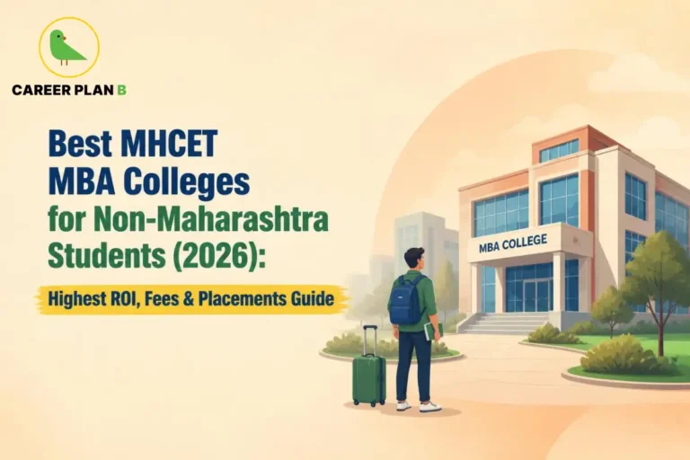 A comprehensive admission guide infographic by Career Plan B, titled "Best MHCET MBA Colleges for Non-Maharashtra Students (2026): Highest ROI, Fees & Placements Guide." In the top-left corner, the official Career Plan B logo features a minimalist green bird icon enclosed inside a solid gold circular emblem, with the brand name printed below in bold black and green typography. On the right side, an illustration portrays a male student standing on a campus pathway with a green roller suitcase and wearing a dark blue backpack, looking toward a modern multi-story academic building labeled "MBA COLLEGE" above its entrance.
