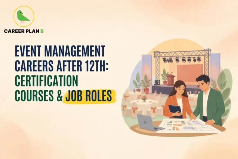 A career guide infographic by Career Plan B, titled "Event Management Careers After 12th: Certification Courses & Job Roles." In the top-left corner, the official Career Plan B logo features a minimalist green bird icon enclosed inside a solid gold circular emblem, with the brand name printed below in bold black and green typography. The right side illustrates an active event planning scene framed within a soft circular vignette. In the foreground, a female professional in an orange blazer holding a folder and a male professional in a green blazer stand at a table reviewing a large venue layout blueprint next to an open laptop. Behind them is a fully decorated banquet hall featuring round tables with white tablecloths and a stage equipped with professional lighting trusses and a podium.