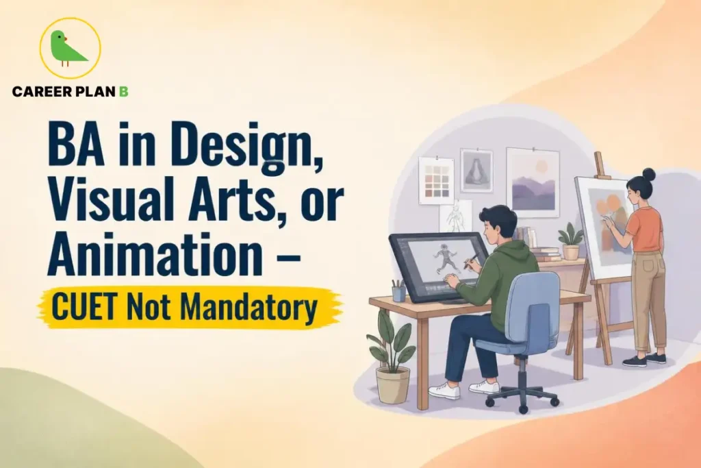 A comprehensive admission guide infographic by Career Plan B, titled "BA in Design, Visual Arts, or Animation – CUET Not Mandatory." In the top-left corner, the official Career Plan B logo features a minimalist green bird icon enclosed inside a solid gold circular emblem, with the brand name printed below in bold black and green typography. The right side illustrates a creative studio space set within a soft circular vignette. A male artist sits at a wooden desk on the left, using a stylus to draw a character on a large digital graphics tablet. To the right, a female artist stands working on a canvas placed on a wooden easel. The background wall is decorated with pinned sketches, a color palette grid, and framed landscape artwork.