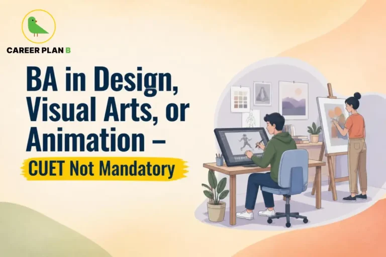A comprehensive admission guide infographic by Career Plan B, titled "BA in Design, Visual Arts, or Animation – CUET Not Mandatory." In the top-left corner, the official Career Plan B logo features a minimalist green bird icon enclosed inside a solid gold circular emblem, with the brand name printed below in bold black and green typography. The right side illustrates a creative studio space set within a soft circular vignette. A male artist sits at a wooden desk on the left, using a stylus to draw a character on a large digital graphics tablet. To the right, a female artist stands working on a canvas placed on a wooden easel. The background wall is decorated with pinned sketches, a color palette grid, and framed landscape artwork.