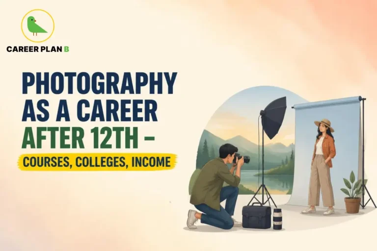 A comprehensive career guide infographic by Career Plan B, titled "PHOTOGRAPHY AS A CAREER AFTER 12TH – COURSES, COLLEGES, INCOME." In the top-left corner, the official Career Plan B logo features a minimalist green bird icon enclosed inside a solid gold circular emblem, with the brand name printed below in bold black and green typography. The right side illustrates a professional outdoor-themed studio photography session framed within a soft circular vignette. A male photographer in a green shirt kneels on the left, looking through his DSLR camera lens toward a female model. The model stands to the right wearing a wide-brimmed hat, an orange open shirt, and beige trousers, posing in front of a light blue seamless backdrop stand next to a potted plant. A professional studio softbox light on a tall tripod stand and a camera gear bag with telephoto lenses sit between them.