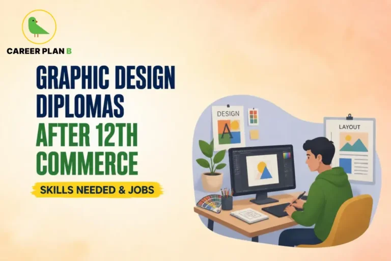 A comprehensive educational guide infographic by Career Plan B, titled "GRAPHIC DESIGN DIPLOMAS AFTER 12TH COMMERCE – SKILLS NEEDED & JOBS." In the top-left corner, the official Career Plan B logo features a minimalist green bird icon enclosed inside a solid gold circular emblem, with the brand name printed below in bold black and green typography. The right side illustrates a creative graphic designer's workspace framed within a soft circular vignette. A male designer in a green hoodie sits at a wooden desk, using a stylus and a digital drawing tablet while looking at a large computer monitor displaying a geometric vector artwork interface. A small potted plant, a container filled with colored pencils, a swatched color wheel fan, and a grid sketch pad are arranged on the desk. The background wall features a pinned poster labeled "DESIGN A" next to a color palette sheet and a hanging clipboard labeled "LAYOUT."