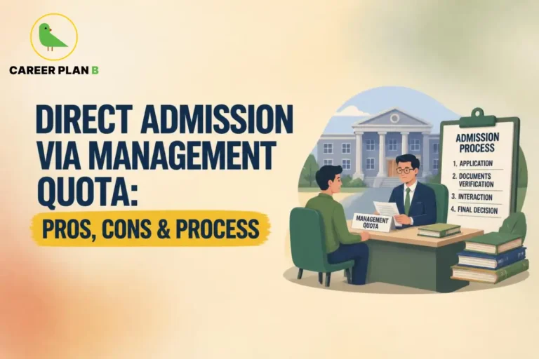 A comprehensive education guide infographic by Career Plan B, titled "DIRECT ADMISSION VIA MANAGEMENT QUOTA: PROS, CONS & PROCESS." In the top-left corner, the official Career Plan B logo features a minimalist green bird icon enclosed inside a solid gold circular emblem, with the brand name printed below in bold black and green typography. The right side illustrates an office counseling session framed within a soft circular vignette. A male student in a green shirt sits in a chair facing an admission counselor at a wooden desk, which features a prominent "MANAGEMENT QUOTA" sign. The counselor, wearing a suit and glasses, reviews documents in his hand. Next to the desk, a small stack of books rests on the floor beside a large clipboard displaying a numbered "ADMISSION PROCESS" checklist: 1. Application, 2. Documents Verification, 3. Interaction, 4. Final Decision. A grand university building stands in the background.