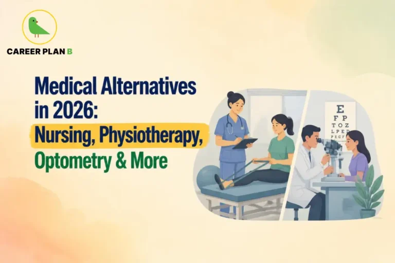 A comprehensive medical career guide infographic by Career Plan B, titled "Medical Alternatives in 2026: Nursing, Physiotherapy, Optometry & More." In the top-left corner, the official Career Plan B logo features a minimalist green bird icon enclosed inside a solid gold circular emblem, with the brand name printed below in bold black and green typography. The right side shows two connected medical care illustrations split diagonally by a thin white line. The left panel shows a female nurse in blue scrubs holding a clipboard while assisting a patient who is performing resistance band leg exercises on a physical therapy table (representing Nursing and Physiotherapy). The right panel shows a male eye doctor in a white lab coat conducting an eye examination with a phoropter machine on a seated female patient, with a standard Snellen eye chart visible on the wall behind them (representing Optometry).