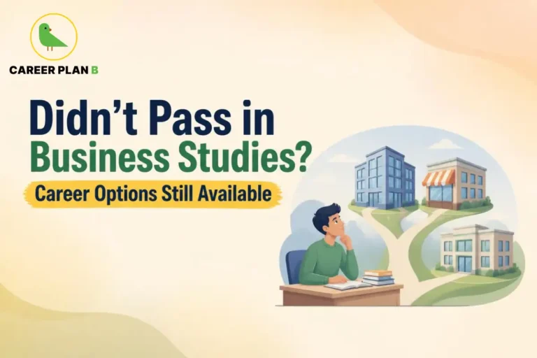 A supportive career guidance infographic by Career Plan B, titled "Didn’t Pass in Business Studies? Career Options Still Available." In the top-left corner, the official Career Plan B logo features a minimalist green bird icon enclosed inside a solid gold circular emblem, with the brand name printed below in bold black and green typography. On the lower right, an illustration shows a thoughtful male student in a green sweater sitting at a desk with an open book and a small stack of textbooks. Behind him, three winding pathways branch off toward different buildings—a modern blue multi-story office building, a retail shop with an orange-and-white striped awning, and a traditional school campus building—symbolizing diverse future career choices.