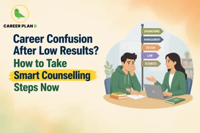 A career guidance infographic by Career Plan B, titled "Career Confusion After Low Results? How to Take Smart Counselling Steps Now." In the top-left corner, the official Career Plan B logo features a minimalist green bird icon enclosed inside a solid gold circular emblem, with the brand name printed below in bold black and green typography. On the right side, an illustration portrays a student counseling session framed within a soft circular vignette. A male student in a green hoodie sits at a table with his head resting on his hand, looking worried, while a female career counselor in a green blazer gestures toward an open laptop to guide him. Behind them stands a signpost pointing to different academic streams: ENGINEERING, MANAGEMENT, DESIGN, LAW, and SCIENCES.