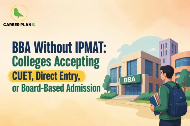 A comprehensive admission guide infographic by Career Plan B, titled "BBA Without IPMAT: Colleges Accepting CUET, Direct Entry, or Board-Based Admission." In the top-left corner, the official Career Plan B logo features a minimalist green bird icon enclosed inside a solid gold circular emblem, with the brand name printed below in bold black and green typography. On the right side, an illustration portrays a male student with a dark blue backpack holding books under his arm while looking towards a modern multi-story college building displaying a prominent green "BBA" sign over its glass entrance.
