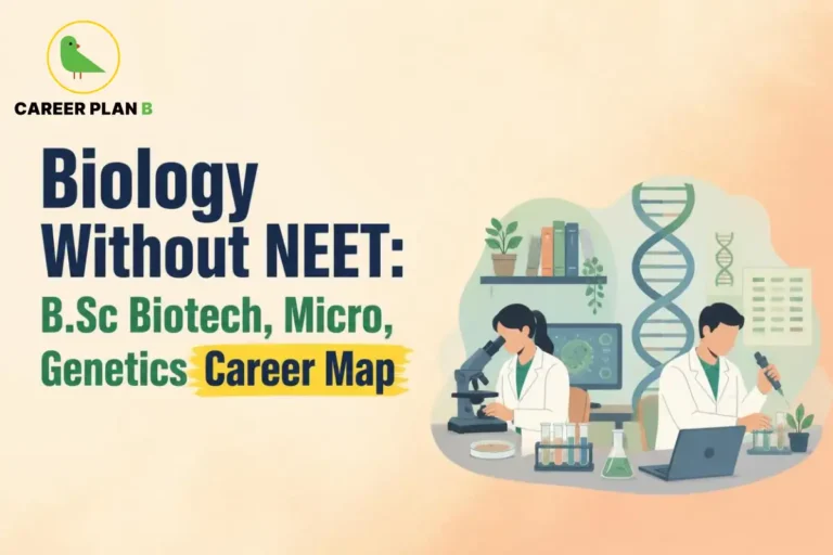 A comprehensive career guide infographic by Career Plan B, titled "Biology Without NEET: B.Sc Biotech, Micro, Genetics Career Map." In the top-left corner, the official Career Plan B logo features a minimalist green bird icon enclosed inside a solid gold circular emblem, with the brand name printed below in bold black and green typography. On the right side, an illustration depicts a modern laboratory environment framed within a soft circular vignette. A female scientist in a white lab coat looks down into a microscope, while a male scientist sits next to an open laptop holding a pipette. The lab bench is neatly arranged with test tubes filled with colored liquids, a Petri dish, a conical flask, and a small potted plant. The background features a bookshelf, a computer monitor displaying cell graphics, and a wall hanger illustrating a DNA double helix structure.
