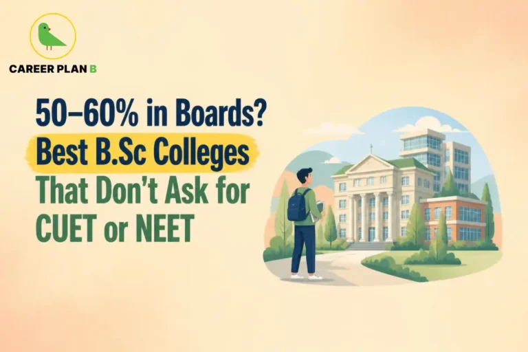 A supportive college admission guide infographic by Career Plan B, titled "50–60% in Boards? Best B.Sc Colleges That Don't Ask for CUET or NEET." In the top-left corner, the official Career Plan B logo features a minimalist green bird icon enclosed inside a solid gold circular emblem, with the brand name printed below in bold black and green typography. On the right side, an illustration portrays a male student with a dark blue backpack standing on a path, facing a grand multi-story academic campus building framed within a soft circular vignette.