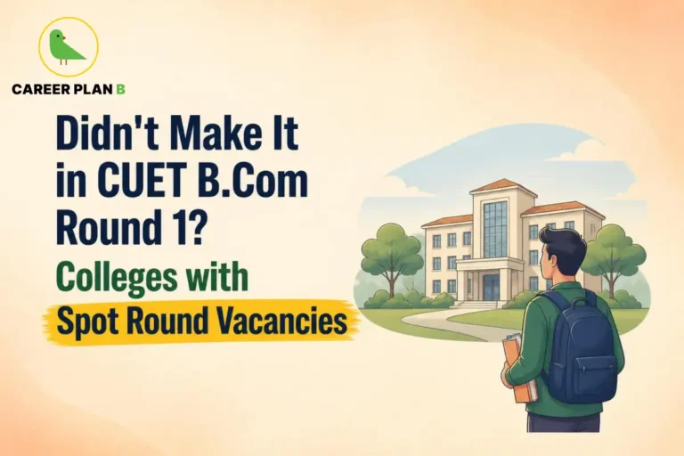 A supportive college admission guide infographic by Career Plan B, titled "Didn’t Make It in CUET B.Com Round 1? Colleges with Spot Round Vacancies." In the top-left corner, the official Career Plan B logo features a minimalist green bird icon enclosed inside a solid gold circular emblem, with the brand name printed below in bold black and green typography. On the right side, an illustration portrays a male student carrying an orange folder under his arm and wearing a dark blue backpack. He stands on a path facing a multi-story academic campus building framed within a soft circular vignette.