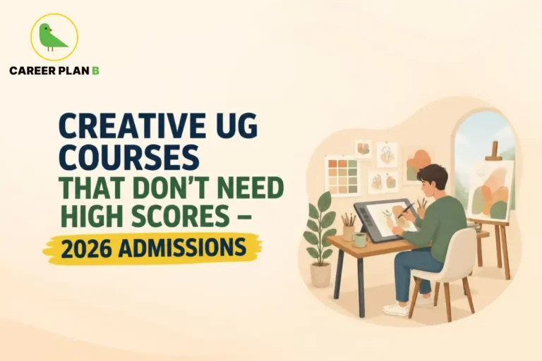 A comprehensive educational guide infographic by Career Plan B, titled "CREATIVE UG COURSES THAT DON’T NEED HIGH SCORES – 2026 ADMISSIONS." In the top-left corner, the official Career Plan B logo features a minimalist green bird icon enclosed inside a solid gold circular emblem, with the brand name printed below in bold black and green typography. On the right side, an illustration portrays an artist's creative studio framed within a soft circular vignette. A male designer or illustrator sits on a white office chair at a wooden desk, using a stylus to work on a large digital graphics drawing monitor. A small potted plant, a container filled with pencils and brushes, and a coffee mug are arranged on the desk. In the background, sketches and a color palette grid are pinned to the wall next to a large window, while a traditional artist's easel holding an abstract painting stands nearby.